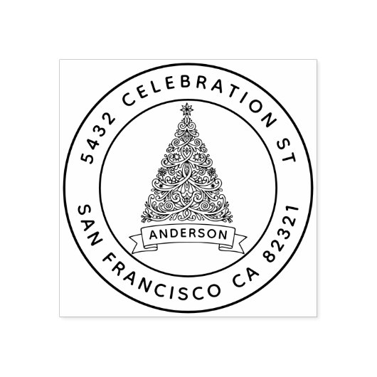 Moderne kerstboomfamilie naam retouradres rubberstempel (Afrduk)