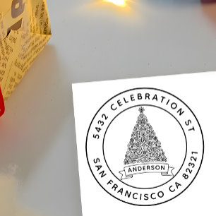 Moderne kerstboomfamilie naam retouradres rubberstempel