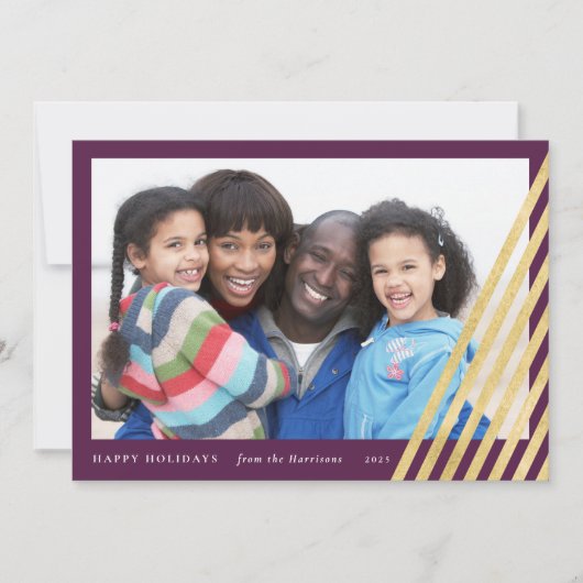 Moderne kerstboomfotokaart | Paars en goud Feestdagenkaart (Voorkant)