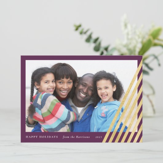 Moderne kerstboomfotokaart | Paars en goud Feestdagenkaart (Staand voorkant)