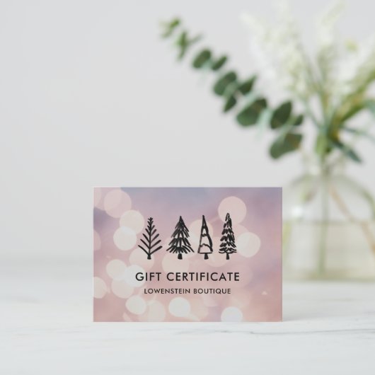 Moderne kerstboomkaart Roos Bokeh Cadeaubon Kortingskaartje (Staand voorkant)