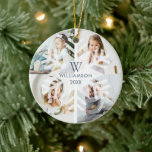 Moderne kerstboommonogram vier foto keramisch ornament<br><div class="desc">Viel het magische en feestelijke vakantieseizoen met onze aangepaste fotoversieringen op vakantie. Ons moderne, elegante vakantieschema is uitgerust met een modern en minimalistisch raster voor vier fotovakantiekollage met een modern, wit, semitransparant sneeuwvlokontwerp dat in het midden van de vier fotovakantiefoto-lay-out is geplaatst. Gepersonaliseerd met je familiemonogram, jaar en naam. De...</div>