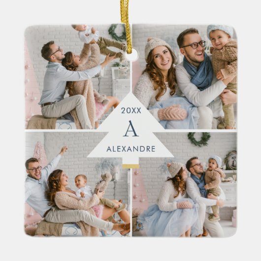 Moderne kerstboommonogram vier fotoserie keramisch ornament (Voorkant)