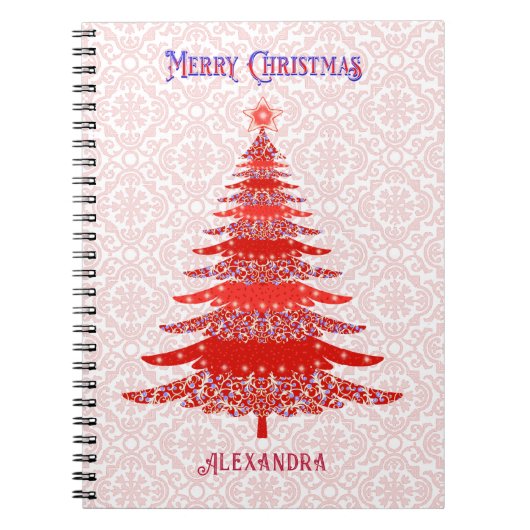 Moderne kerstboomroodgepersonaliseerde sneeuwvlokk notitieboek (Voorkant)