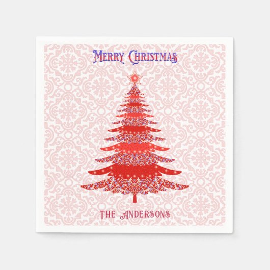 Moderne kerstboomroodgepersonaliseerde sneeuwvlokk servet (Voorkant)
