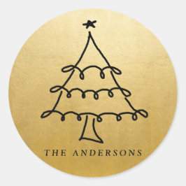 Moderne kerstboomtekening Faux Gold Foil Ronde Sticker
