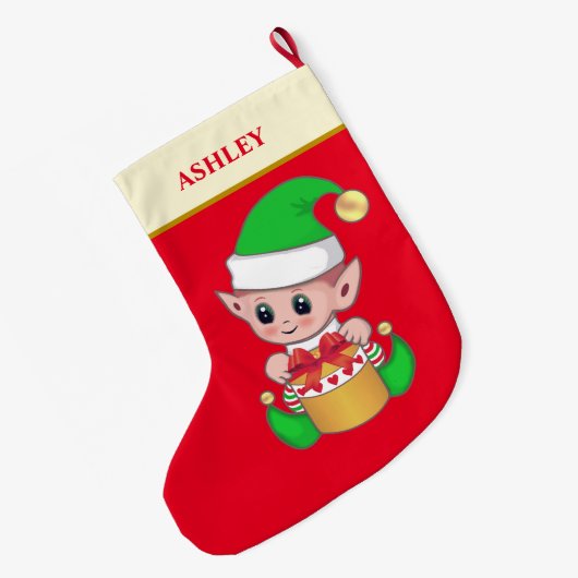 Moderne kerstcadeaudoos op rood grote kerstsok (Achterkant (Hangend))