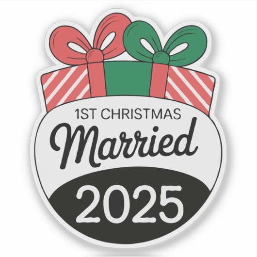 Moderne kerstcadeaus | 1e Kerstmis Getrouwd Sticker (Voorkant)