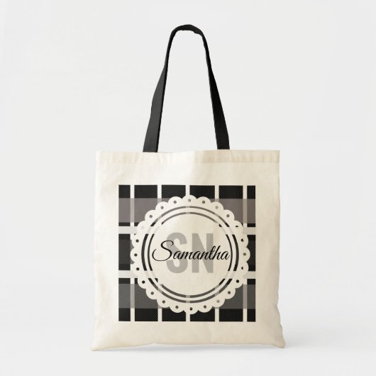Moderne Kerstcottage Monogram Geruite Bibliotheek Tote Bag (Voorkant)