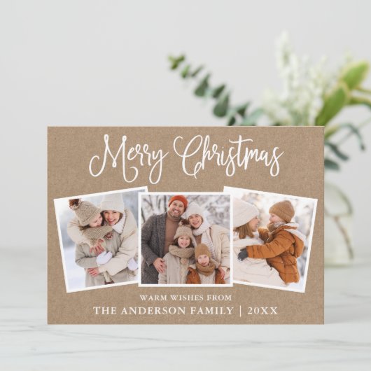 Moderne kerstdag met kalligrafie 3 Foto Kraft Feestdagenkaart (Staand voorkant)