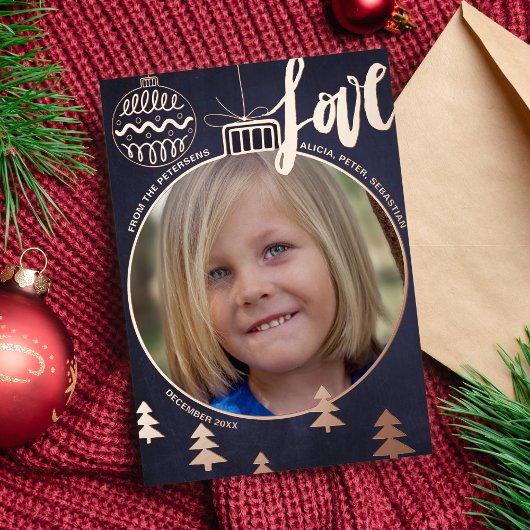 Moderne kerstdecoraties foto marinegoud folie feestdagenkaart