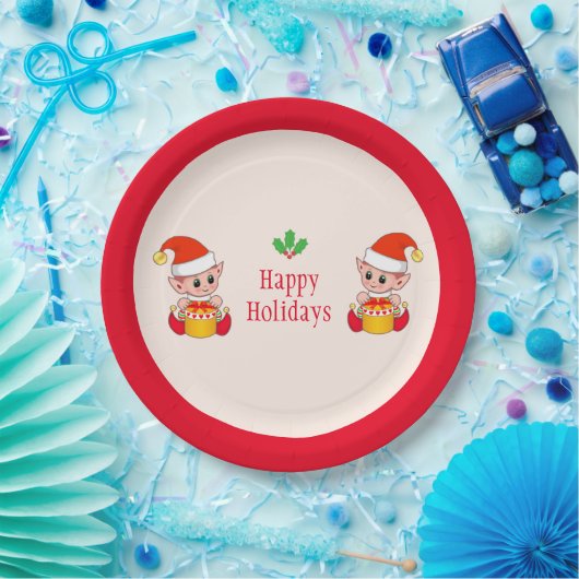 Moderne kerstelfen op rood en ivoor papieren bordje (Feest)