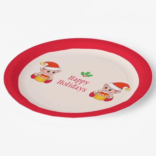 Moderne kerstelfen op rood en ivoor papieren bordje (Gekanteld)