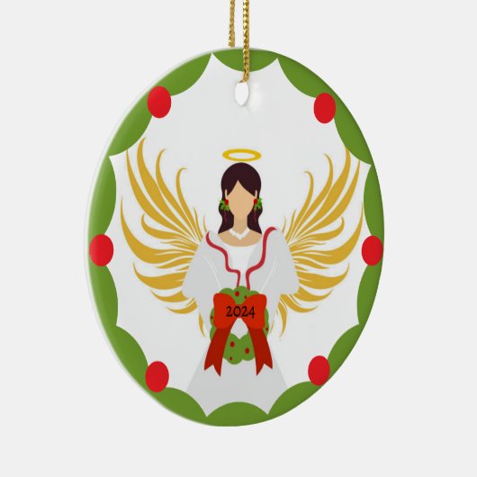 Moderne Kerstengel Rood Groene Holly Krans 2024 Keramisch Ornament (Rechts)