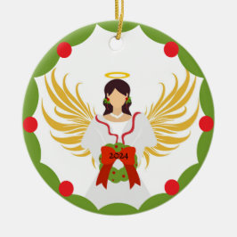 Moderne Kerstengel Rood Groene Holly Krans 2024 Keramisch Ornament