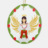 Moderne Kerstengel Rood Groene Holly Krans 2024 Keramisch Ornament (Links)