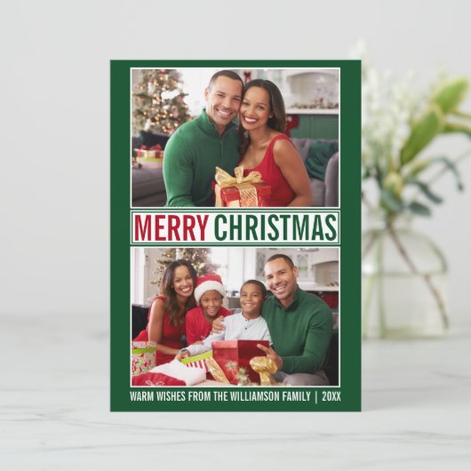 Moderne kerstfamilie 2 Foto groen Feestdagenkaart (Staand voorkant)