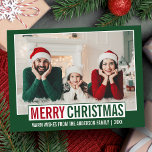 Moderne kerstfamilie foto groen briefkaart<br><div class="desc">Modern Merry Christmas Familie Foto Rood en Groen Vakantie Briefkaart</div>