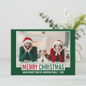 Moderne kerstfamilie foto groen feestdagenkaart (Staand voorkant)