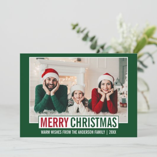 Moderne kerstfamilie foto groen feestdagenkaart (Staand voorkant)