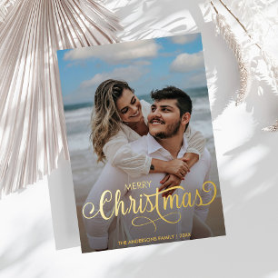 Moderne kerstfamilie foto naam Stripes F Folie Feestdagenkaart