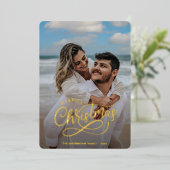 Moderne kerstfamilie Foto naam Tartan Folie Feestdagenkaart (Staand Voorkant)