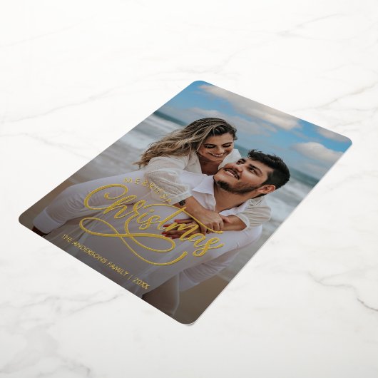 Moderne kerstfamilie Foto naam Tartan Folie Feestdagenkaart (Gedraaid)