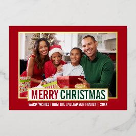 Moderne kerstfamilie foto Red Gold Folie Feestdagenkaart