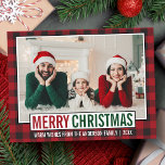 Moderne kerstfamilie foto Red Pset Briefkaart<br><div class="desc">Modern Merry Christmas Familie Foto Groen en Rood Vakantie Briefkaart - Rustic Red Plaid</div>