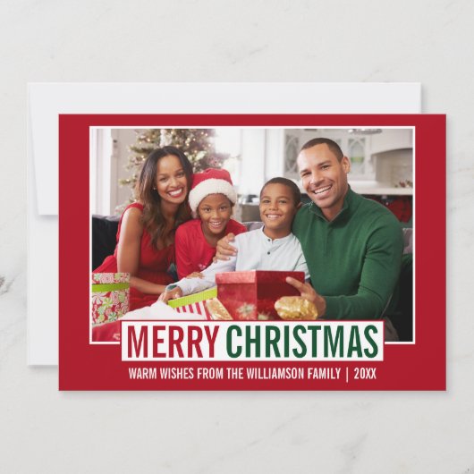 Moderne kerstfamilie foto rood feestdagenkaart (Voorkant)