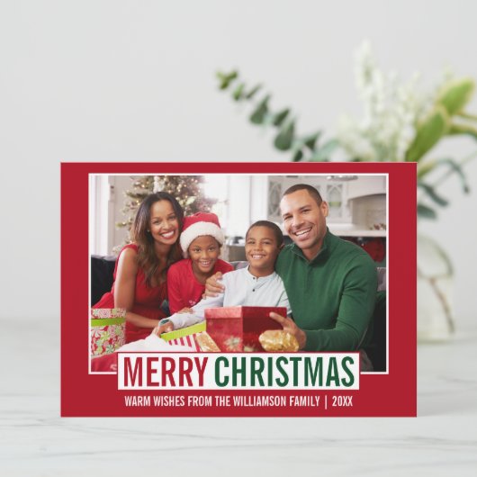 Moderne kerstfamilie foto rood feestdagenkaart (Staand voorkant)
