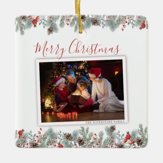 Moderne kerstfamilie foto Rustic Keramisch Ornament (Voorkant)