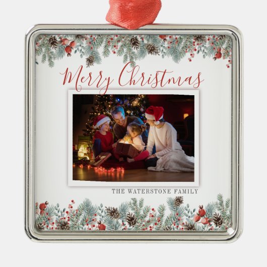 Moderne kerstfamilie foto Rustic Metalen Ornament (Voorkant)