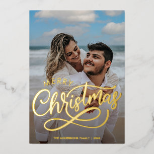 Moderne kerstfamilie foto's naam goud folie feestdagenkaart