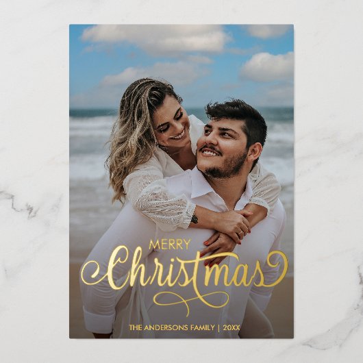 Moderne kerstfamilie foto's naam stripes folie feestdagenkaart (Voorkant)