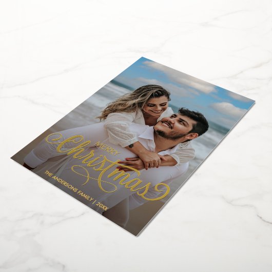 Moderne kerstfamilie foto's naam stripes folie feestdagenkaart (Gedraaid)