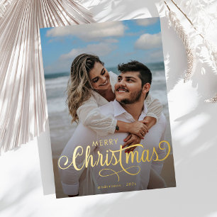 Moderne kerstfamilie foto's naam stripes folie feestdagenkaart