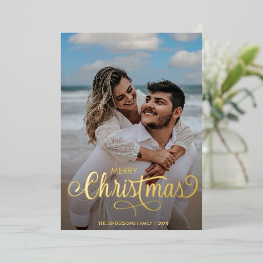 Moderne kerstfamilie foto's naam Tartan F Folie Feestdagenkaart (Staand Voorkant)