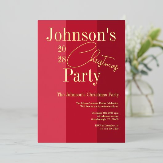 Moderne Kerstfeest uitnodiging Rood Echt Goud (Staand Voorkant)