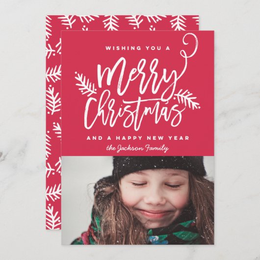Moderne kerstfeestelijke foto in penseelscript feestdagenkaart (Voorkant / Achterkant)