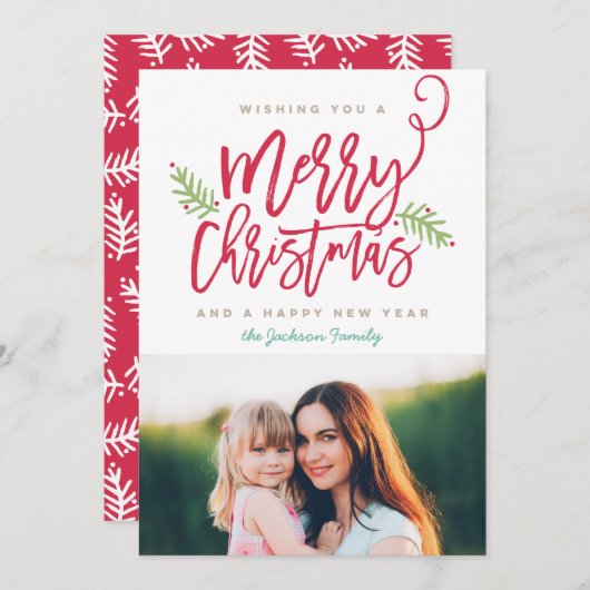 Moderne kerstfeestelijke foto in penseelscript feestdagenkaart (Voorkant / Achterkant)
