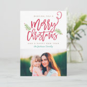 Moderne kerstfeestelijke foto in penseelscript feestdagenkaart (Staand voorkant)
