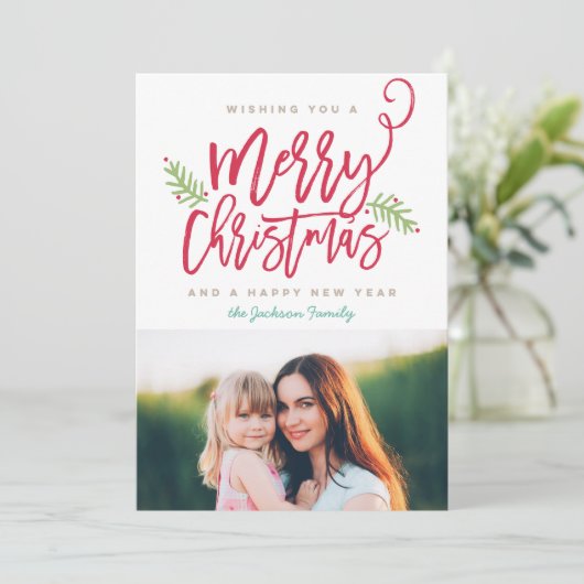 Moderne kerstfeestelijke foto in penseelscript feestdagenkaart (Staand voorkant)