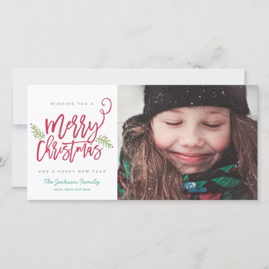 Moderne kerstfeestelijke foto in penseelscript feestdagenkaart (Voorkant)