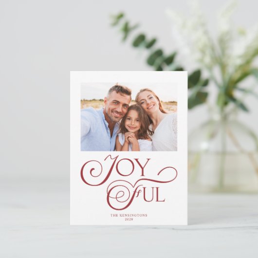 Moderne kerstfeestelijke foto met rood feestdagenkaart (Staand voorkant)