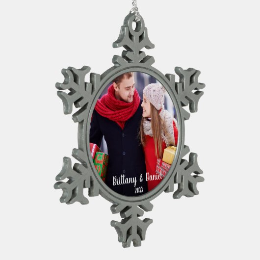 Moderne kerstfeestelijke fotoornament SF Tin Sneeuwvlok Ornament (Links)