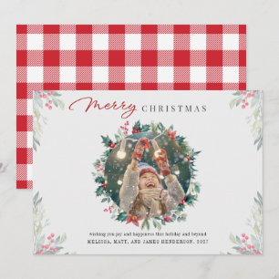 Moderne kerstfoto Gingham Botanical Feestdagenkaart