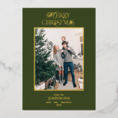 Moderne kerstfoto groen goud folie feestdagenkaart (Voorkant)