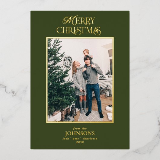 Moderne kerstfoto groen goud folie feestdagenkaart (Voorkant)