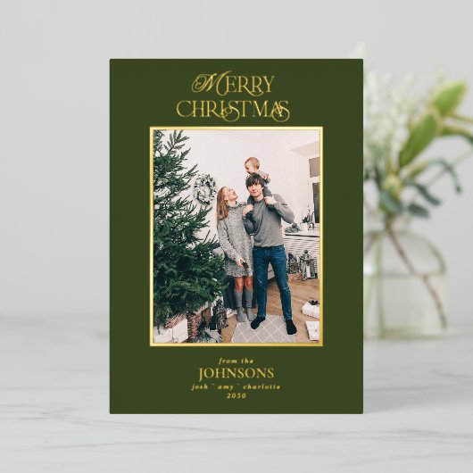 Moderne kerstfoto groen goud folie feestdagenkaart (Staand Voorkant)